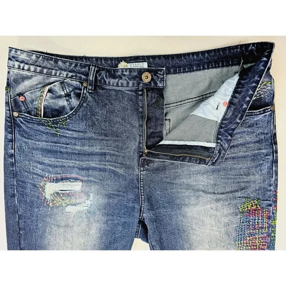 Staple Pigeon Size 40X32 Men's Factory Stich Distressed Blue Denim Logo Jeans - Picture 8 of 13